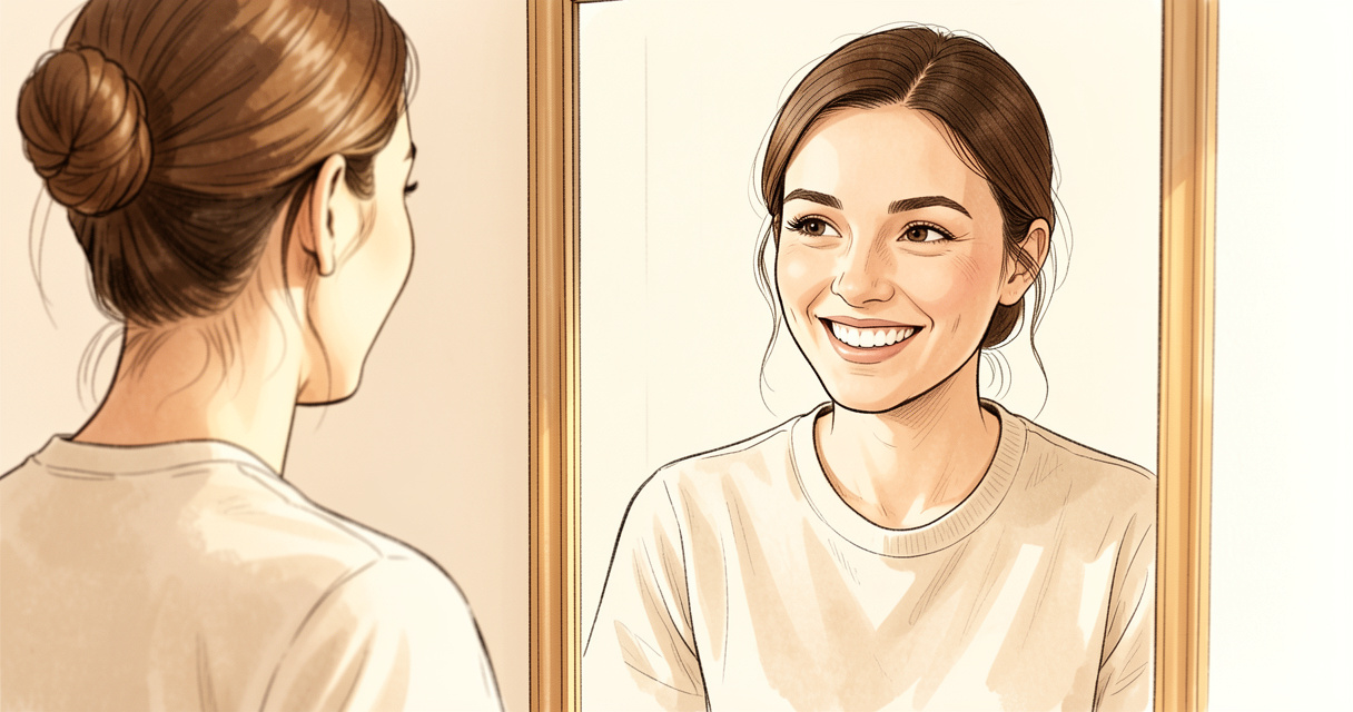 Personne souriant dans un miroir, exercice de confiance en soi avec affirmations positives, routine matinale.