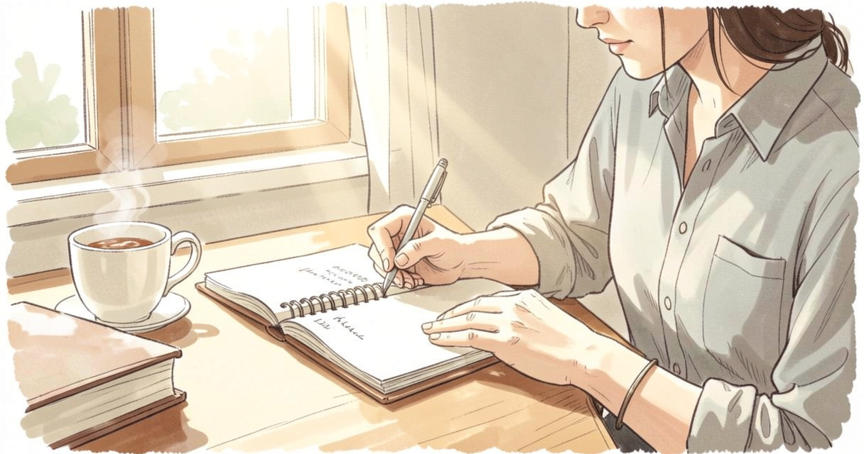 Personne écrivant dans un journal de gratitude, développement personnel et renforcement de la confiance en soi.