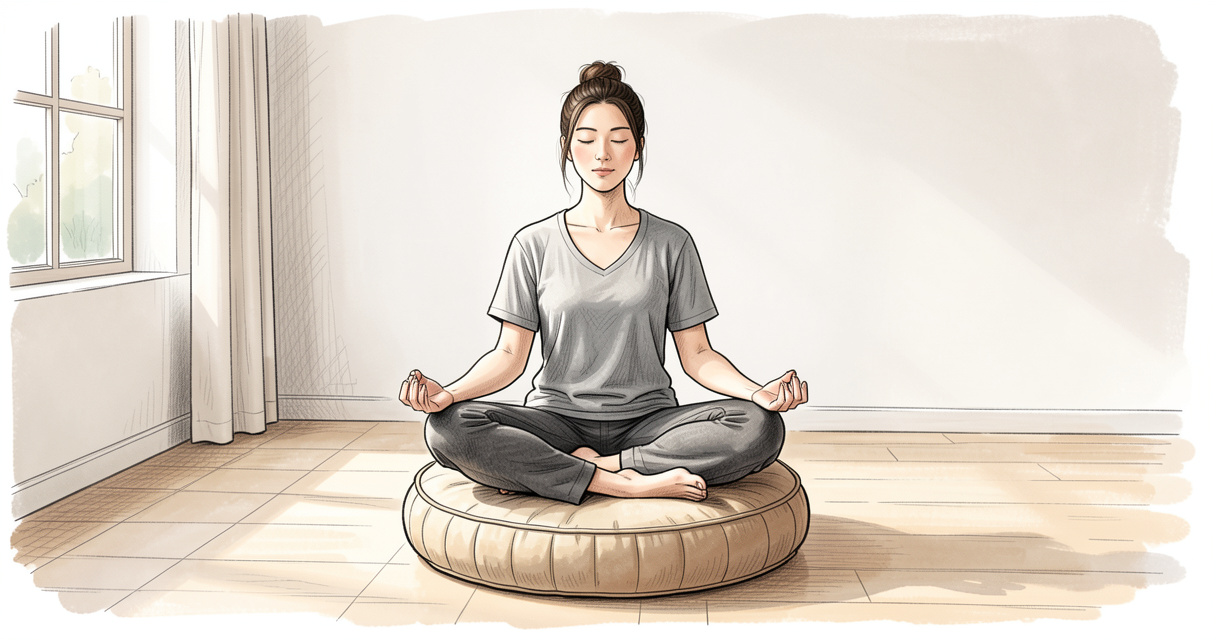 Personne assise en tailleur sur un coussin de méditation zafu, posture droite et détendue