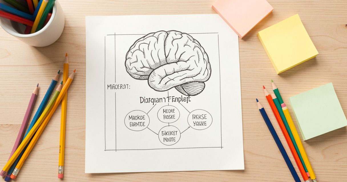 Template de diagramme de mindset imprimé sur un bureau avec crayons de couleur et post-it