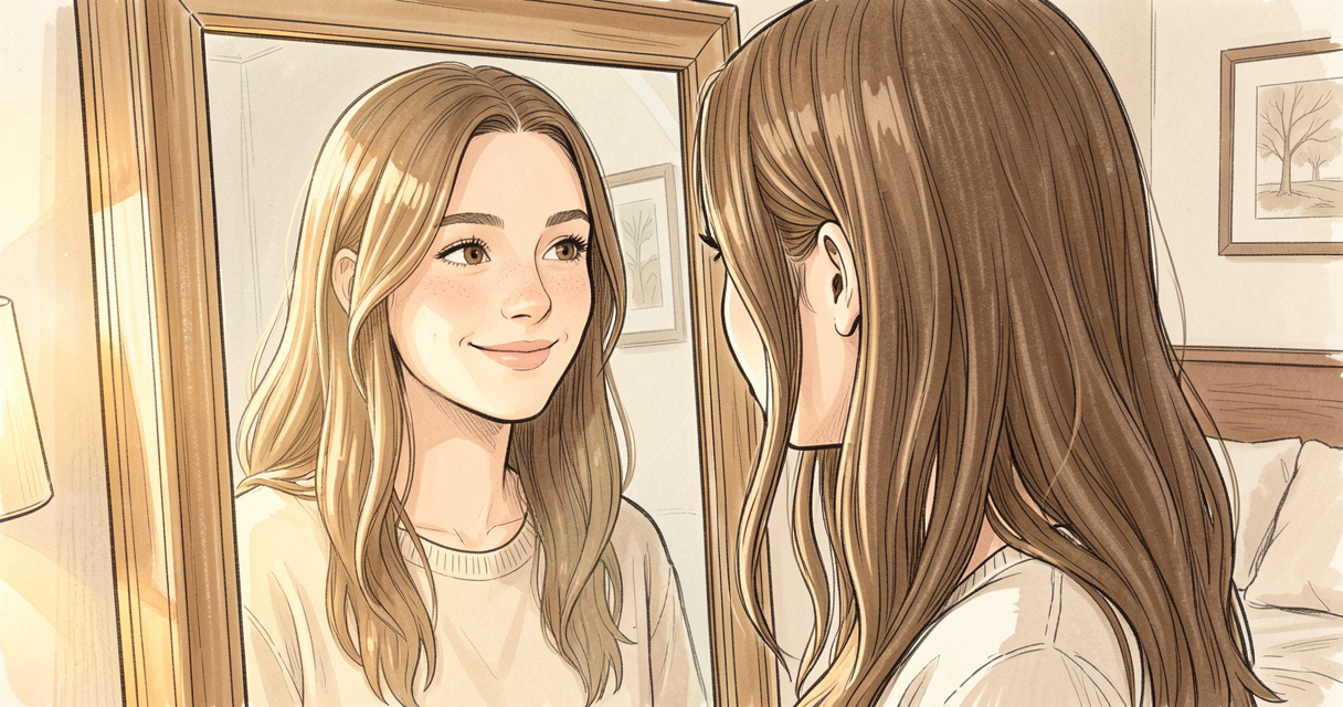 Femme souriant dans un miroir pour reprendre confiance en soi en amour