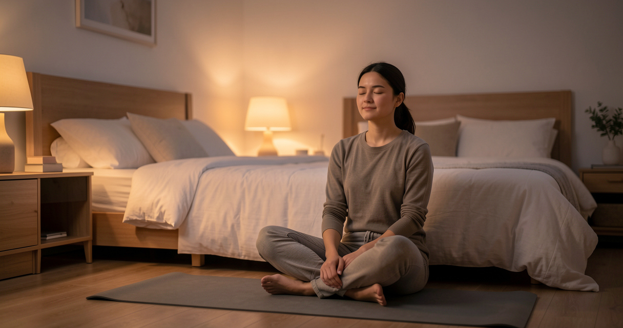Femme méditant en position assise sur un tapis de yoga dans sa chambre à la tombée de la nuit, illustration de la médita