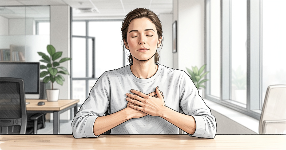Personne pratiquant la cohérence cardiaque au bureau, main sur le coeur, respiration guidée pour gérer le stress