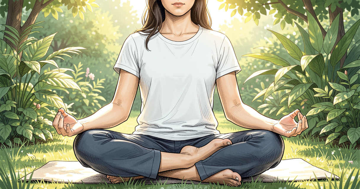 Personne méditant en pleine conscience dans un jardin, posture assise, sérénité et bien-être naturel