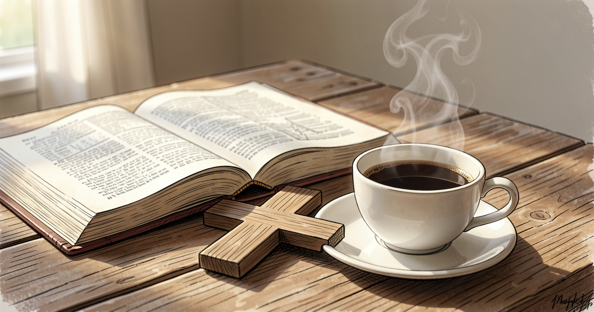 Méditation du jour Regnum Christi posée sur une Bible dans un cadre matinal apaisant