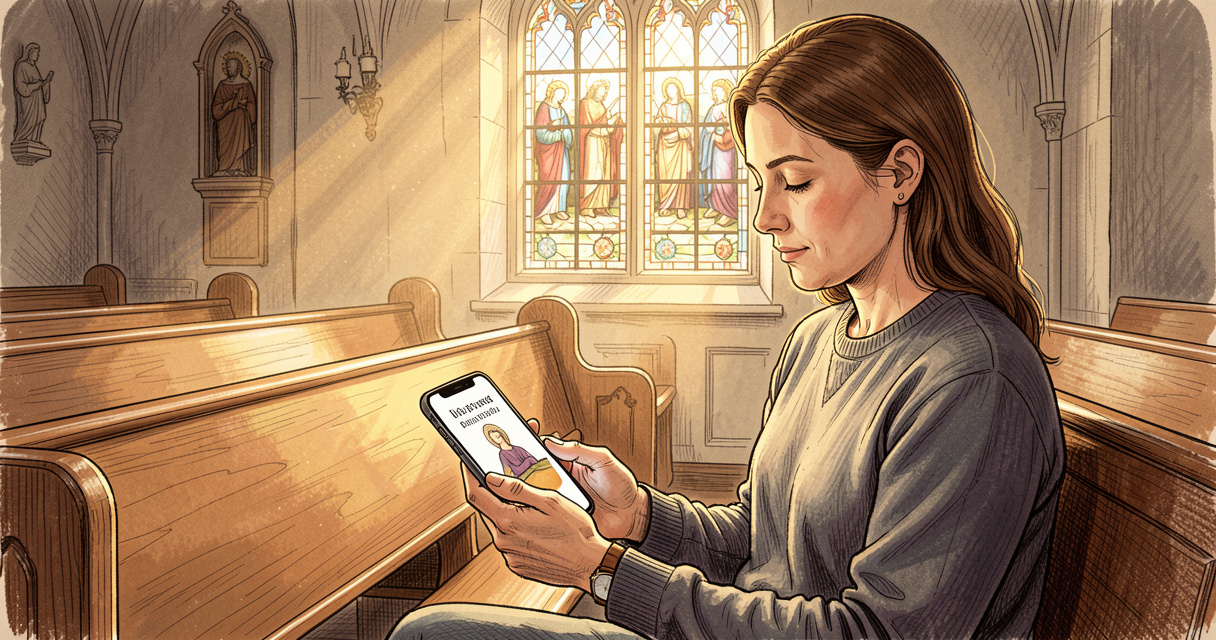 Personne méditant avec la méditation du jour Regnum Christi sur son téléphone dans une chapelle