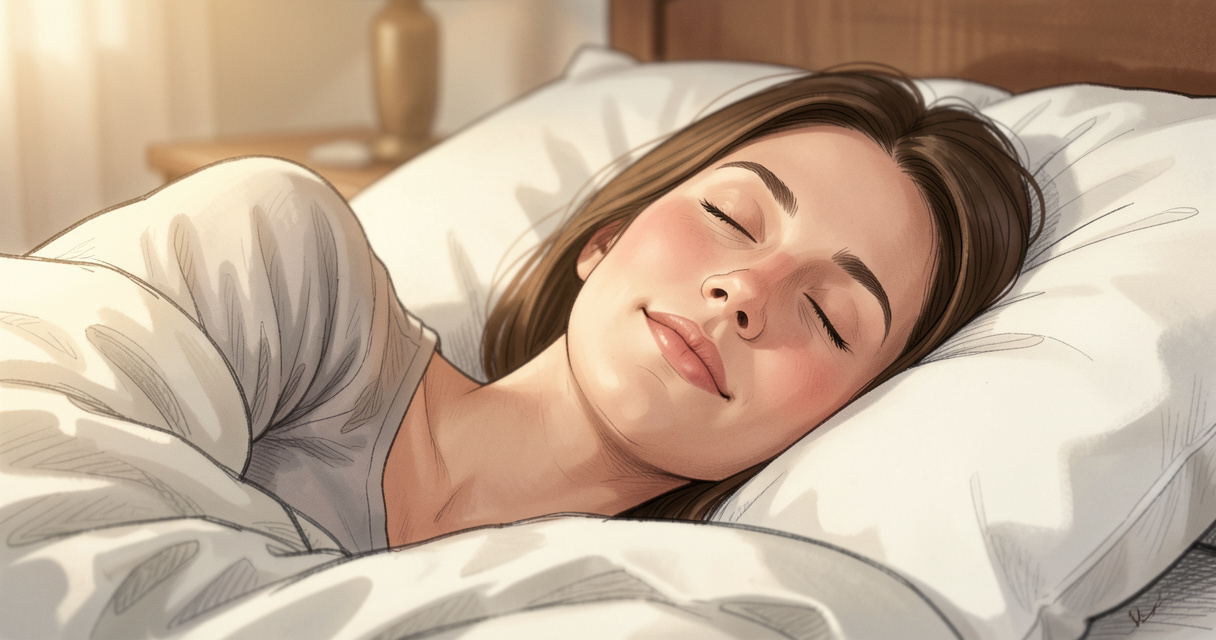 Personne allongée dans son lit pratiquant la méditation pour s'endormir, ambiance tamisée