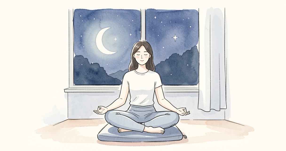 Femme méditant en position assise le soir pour un sommeil paisible et réparateur