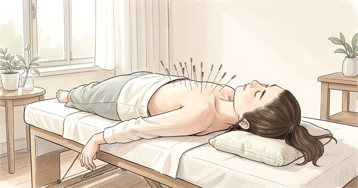 Patient allongé recevant une séance d'acupuncture, aiguilles dans le dos, salle calme avec lumières tamisées