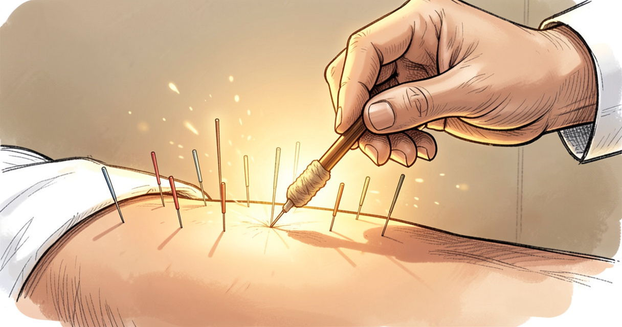 Praticienne réalisant une moxibustion, bâtonnet de moxa chauffant des aiguilles d'acupuncture sur la peau