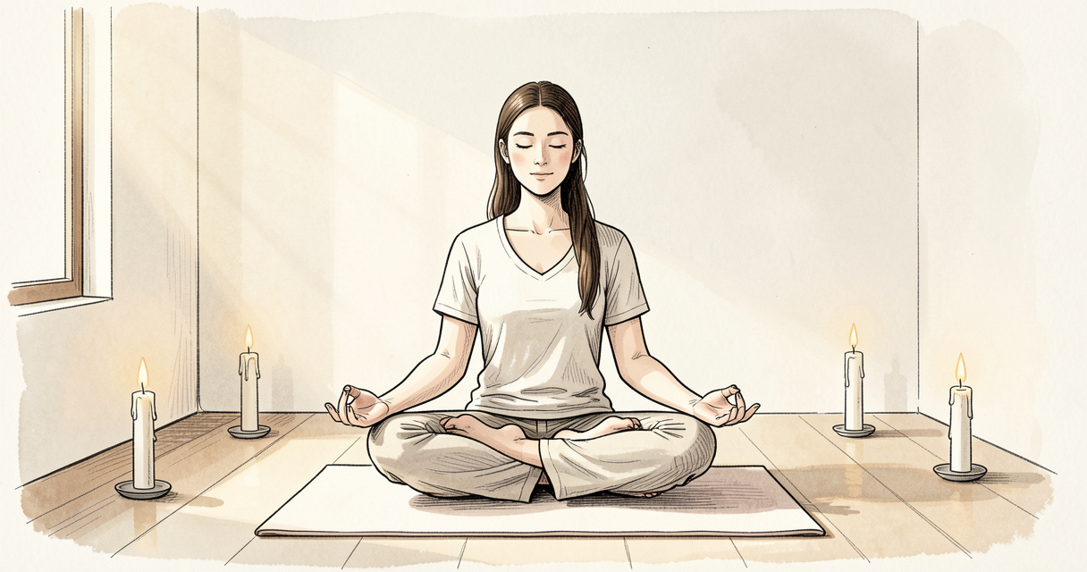 Pratiquant de yoga kundalini en méditation, mains en gyan mudra, lumière douce du matin