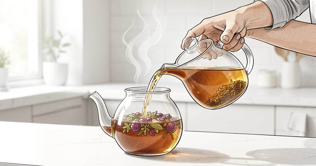 Préparation du yoga tea maison avec épices dans une théière en verre