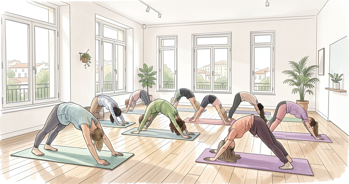 Cours de yoga dans un studio lumineux à Nice avec pratiquants en posture du chien tête en bas