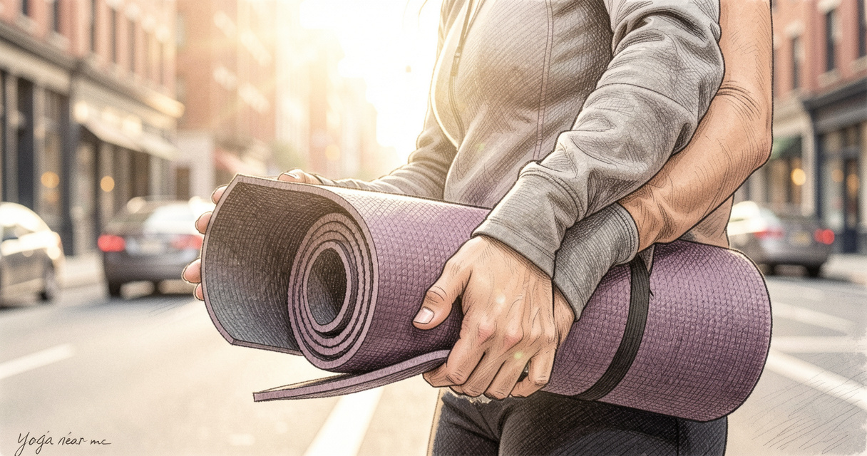 Tapis de yoga roulé prêt pour une séance de yoga près de chez soi en ville