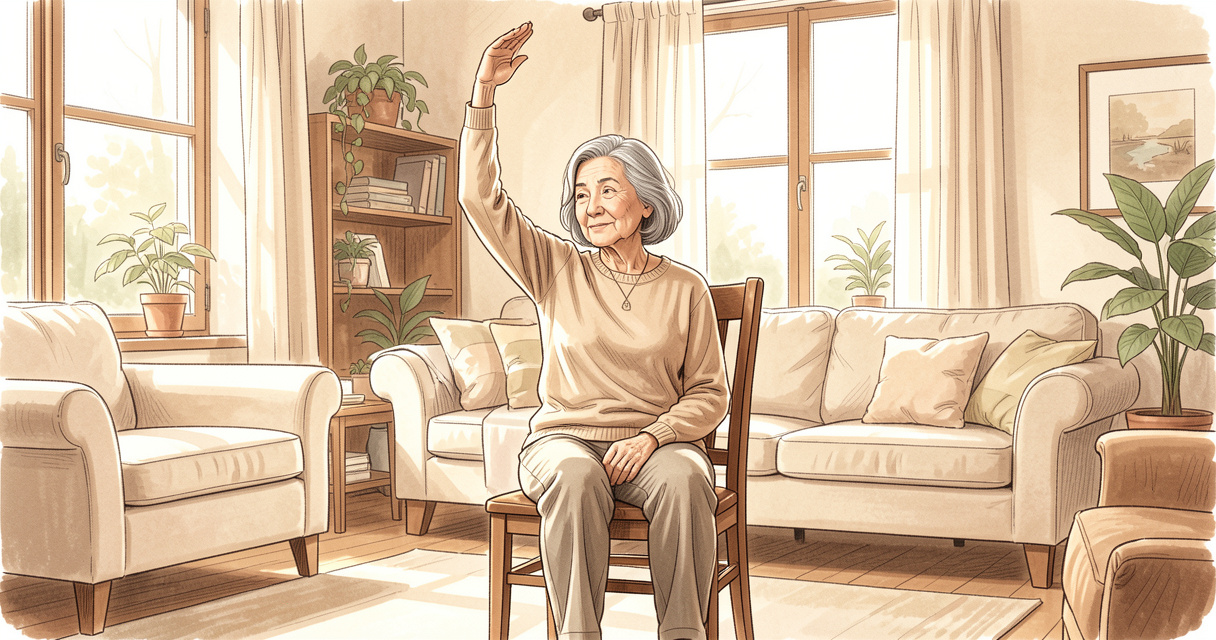 Senior femme pratiquant yoga sur chaise étirement latéral salon lumineux