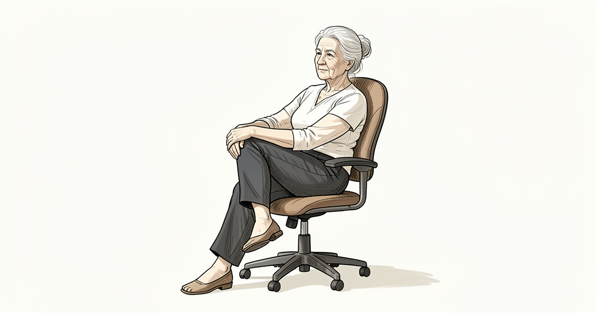 Femme âgée pratiquant une torsion assise en yoga sur chaise dans une pièce lumineuse