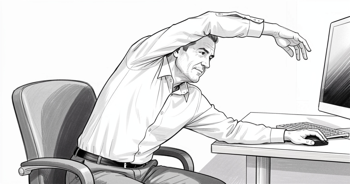 Homme en chemise effectuant un étirement latéral sur une chaise de bureau, yoga assis