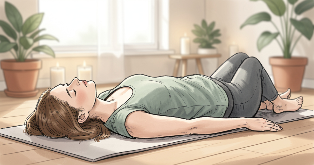 Femme pratiquant le yoga nidra en position allongée shavasana, détente profonde