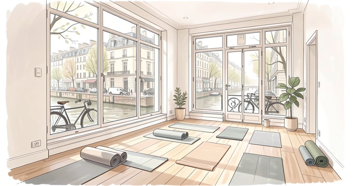Studio Jivamukti Yoga Paris vue sur Canal Saint-Martin intérieur lumineux