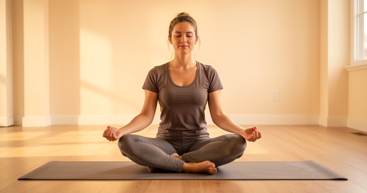 Personne en posture papillon de yin yoga sur un tapis, ambiance apaisante