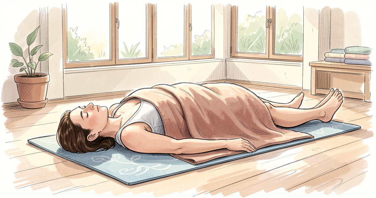 Pratiquant de yin yoga en relaxation finale, couverture et lumière naturelle