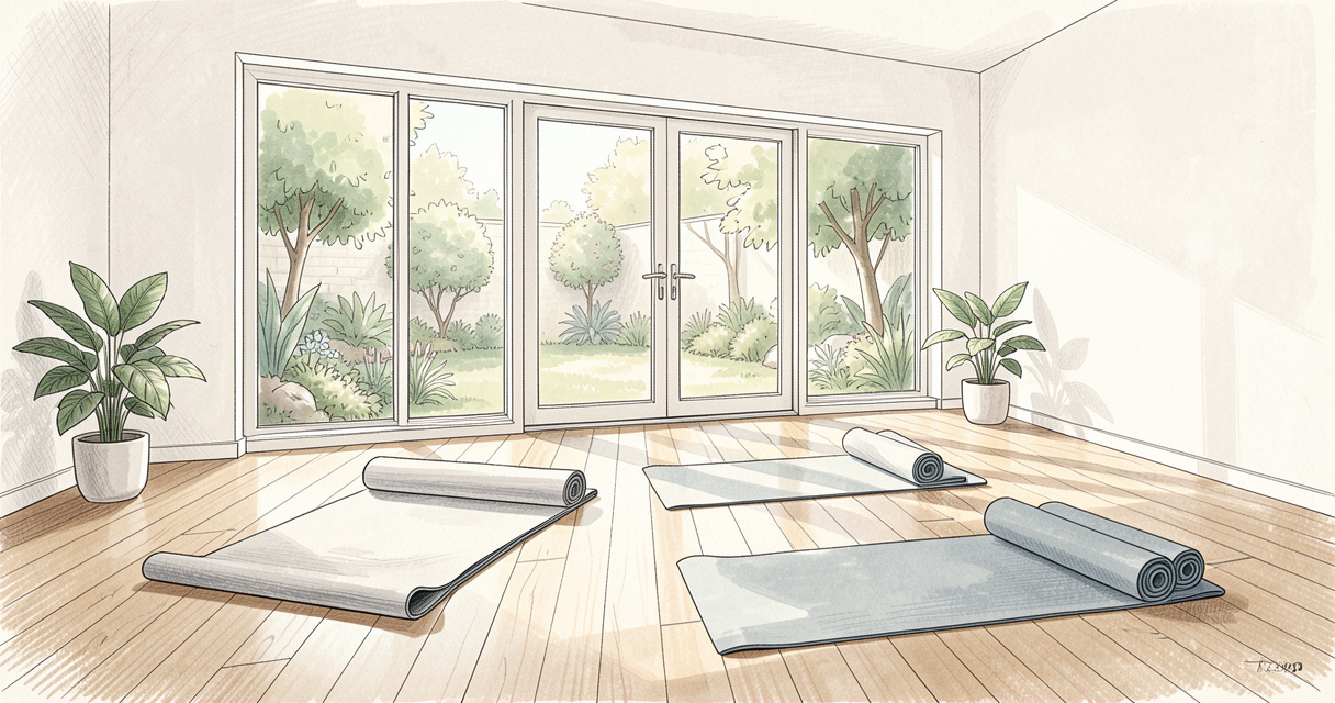 Studio de yoga lumineux avec vue sur jardin et tapis de sol
