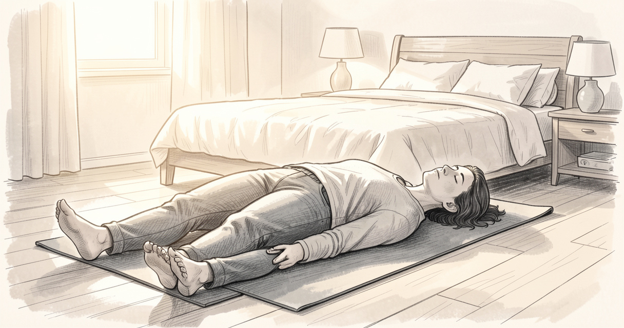 Personne allongée en shavasana pratiquant le yoga nidra dans une chambre calme