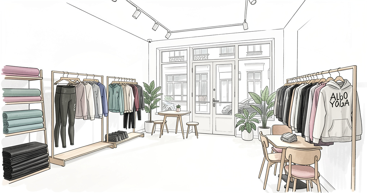 Intérieur lumineux du magasin Alo Yoga Paris avec produits de sportswear et espace café