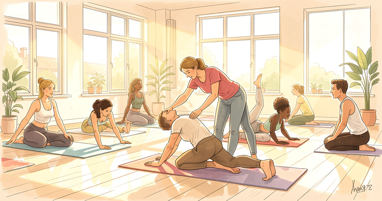 Groupe de personnes faisant du yoga avec l'aide d'un professeur dans une salle moderne
