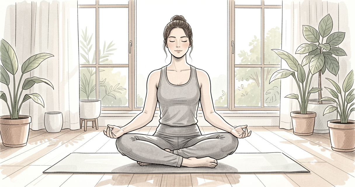 Femme en posture de yoga lotus (Padmasana) dans un studio calme, illustration de posture de yoga en 5 lettres