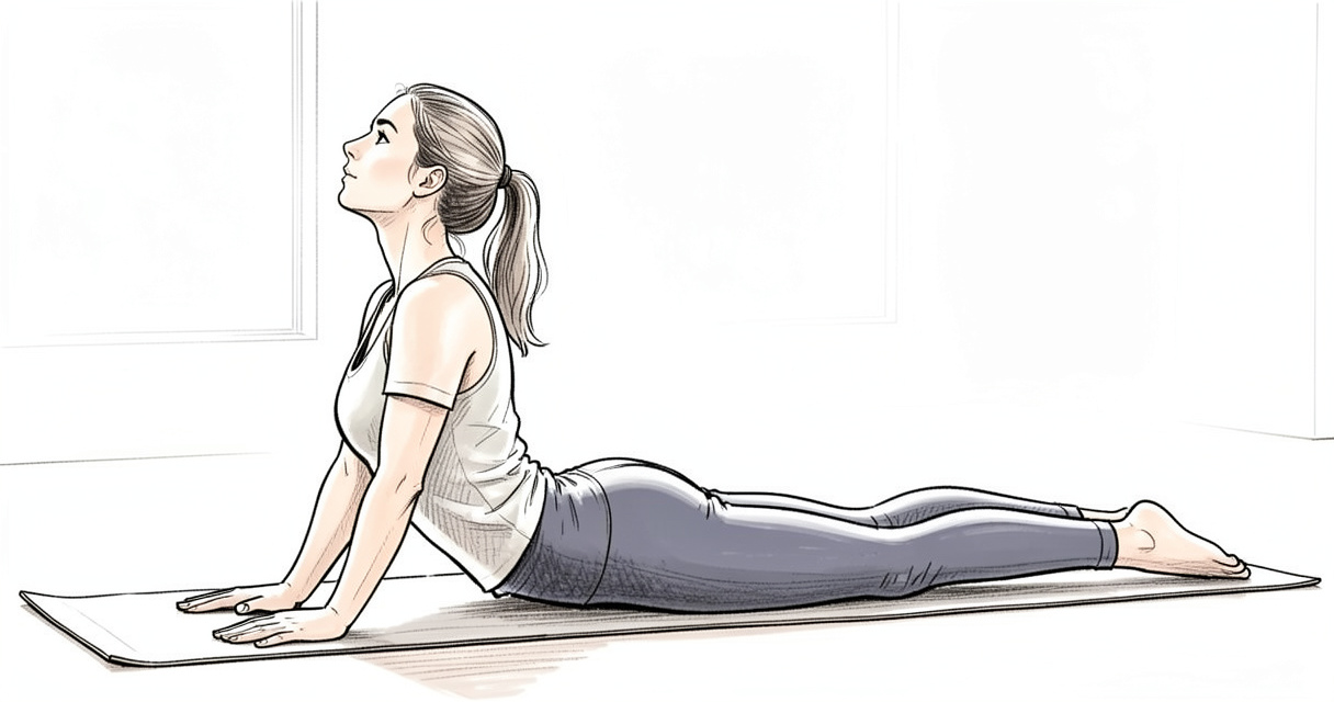 Pratiquant en posture de cobra (Bhujangasana) sur un tapis, montrant une position de yoga en 5 lettres pour le dos
