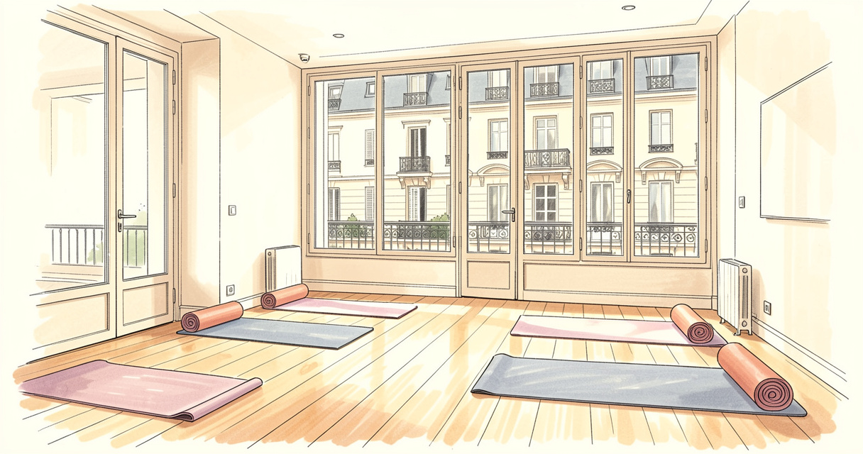 Studio de yoga bikram Paris Marais avec lumière naturelle et tapis au sol - cours hot yoga