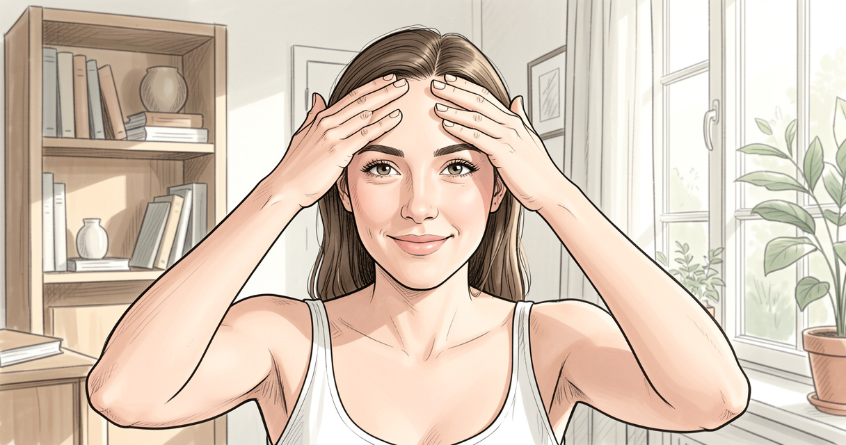 Femme pratiquant le yoga du visage en lissant son front avec les mains, exercice anti-rides