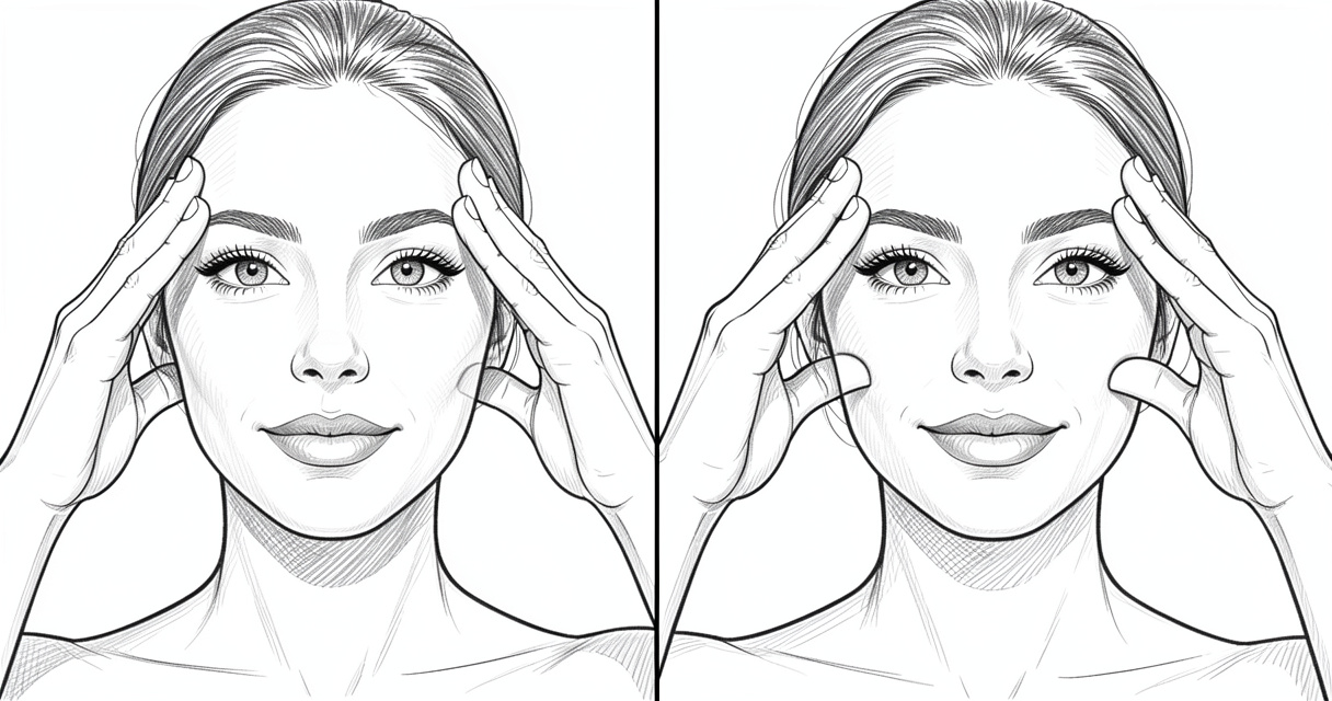 Exercice de lifting des joues en yoga facial, close-up des doigts sur les tempes pour tonifier les muscles