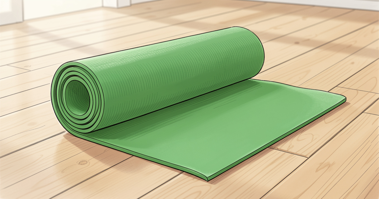 Tapis de yoga Decathlon 4mm vert foncé déroulé sur parquet, idéal débutant