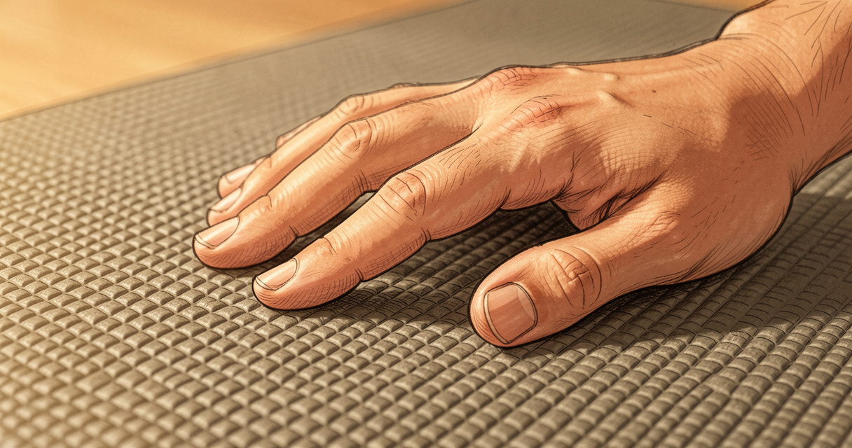 Texture antidérapante du tapis Kimjaly Decathlon gros plan avec main