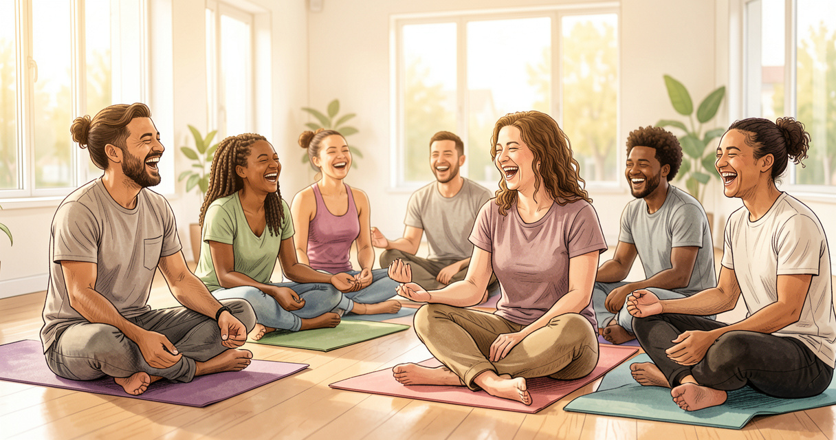 Groupe souriant pratiquant le yoga par le rire en salle, assis en cercle
