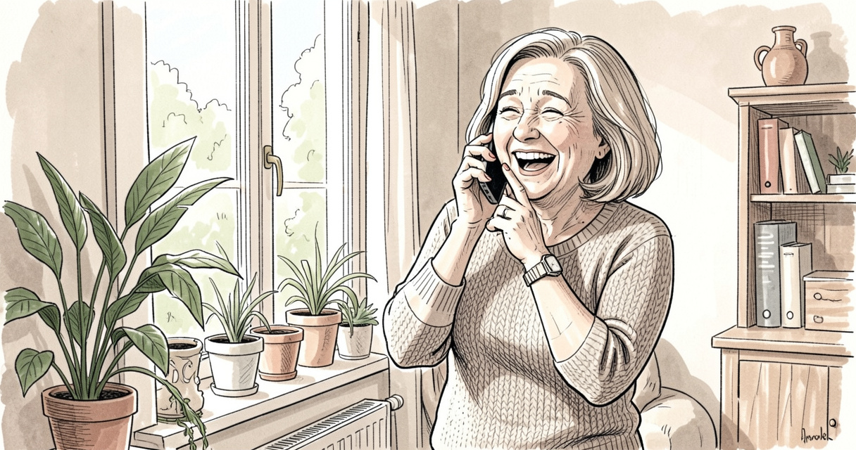 Femme faisant un exercice de yoga du rire avec un téléphone imaginaire à la maison
