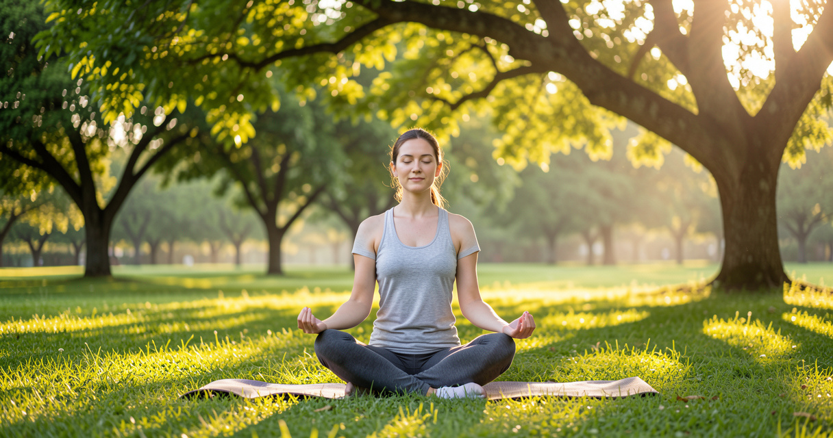 Une femme pratiquant le yoga et le Pilates en extérieur à l'ombre d'un parc en été