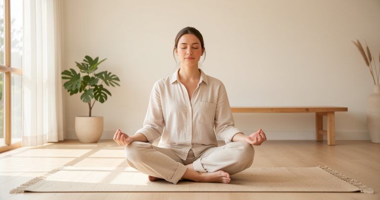 Personne pratiquant la méditation pleine conscience et la respiration abdominale dans un cadre lumineux