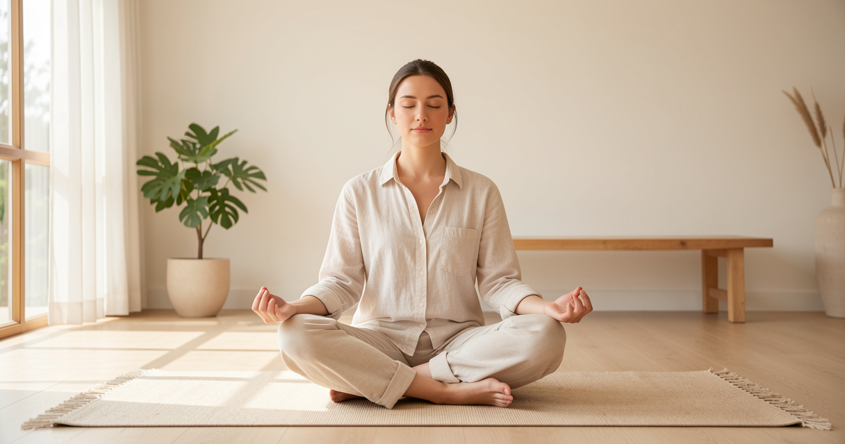 Personne pratiquant la méditation pleine conscience et la respiration abdominale dans un cadre lumineux