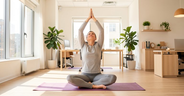 Personne pratiquant des étirements de yoga sur chaise au bureau avec posture droite et pieds à plat sur le sol