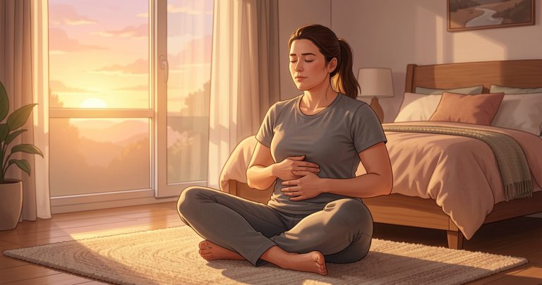 Personne assise confortablement pratiquant une respiration douce dans une routine du soir