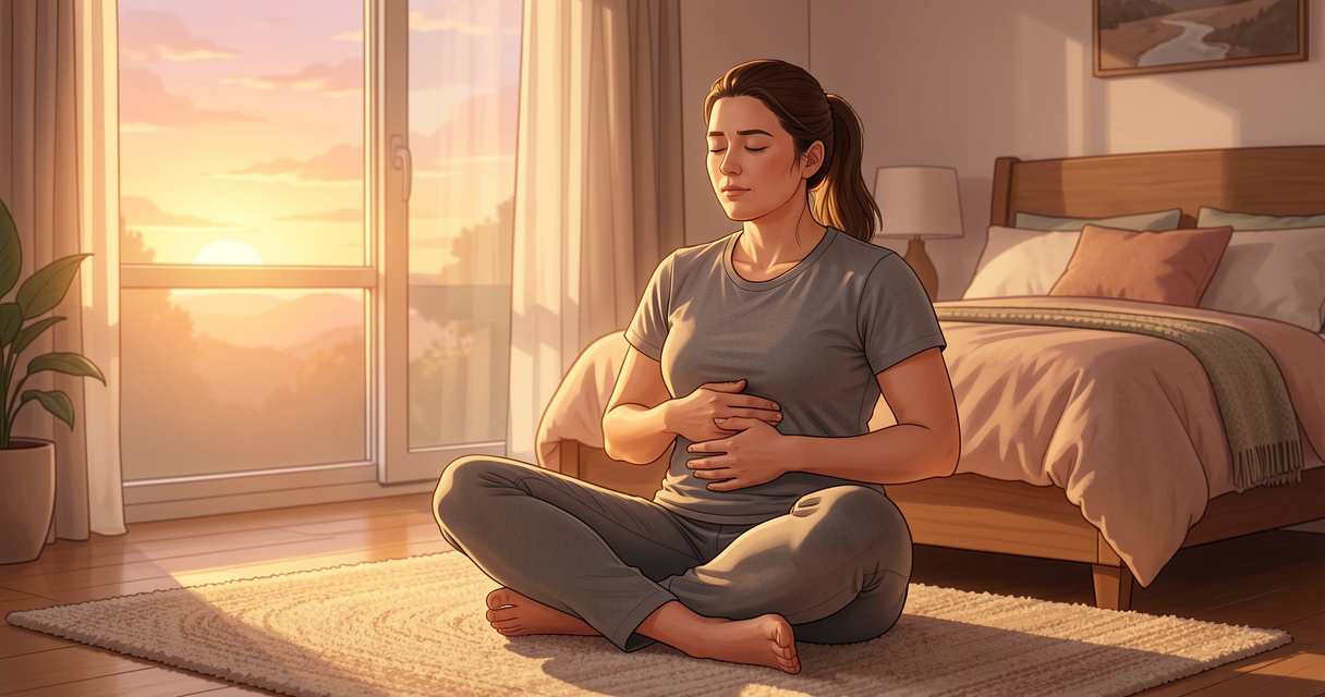 Personne assise confortablement pratiquant une respiration douce dans une routine du soir