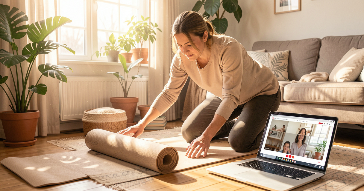 Cours de yoga débutant à la maison : un tapis posé devant un ordinateur portable