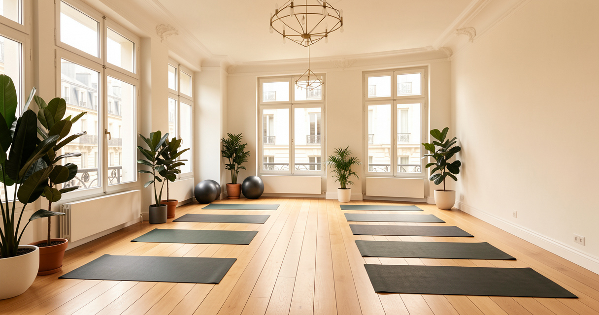 Salle de yoga chaud Modo Yoga Paris avec tapis alignés et lumière naturelle