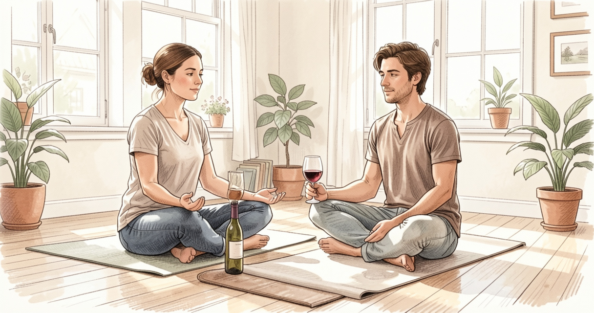 Atelier vin yoga en petit groupe avec tapis et verres de vin, ambiance détendue