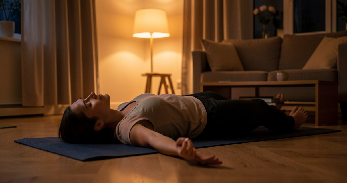 Session de méditation pleine conscience du soir avec respiration abdominale guidée sur tapis de relaxation