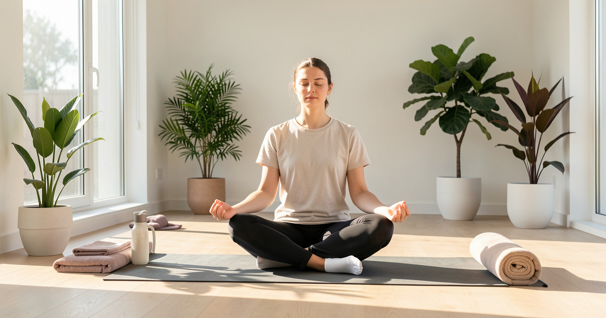Personne pratiquant la méditation pleine conscience pour débutant dans un cadre apaisant et lumineux