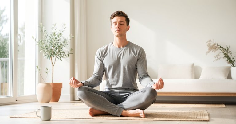 Pratiquante de sport réalisant une session de méditation et de respiration diaphragmatique au calme